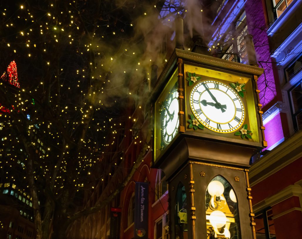 Steam Clock during a dark winter night in Gastown, Downtown Vancouver, BC, Canada.